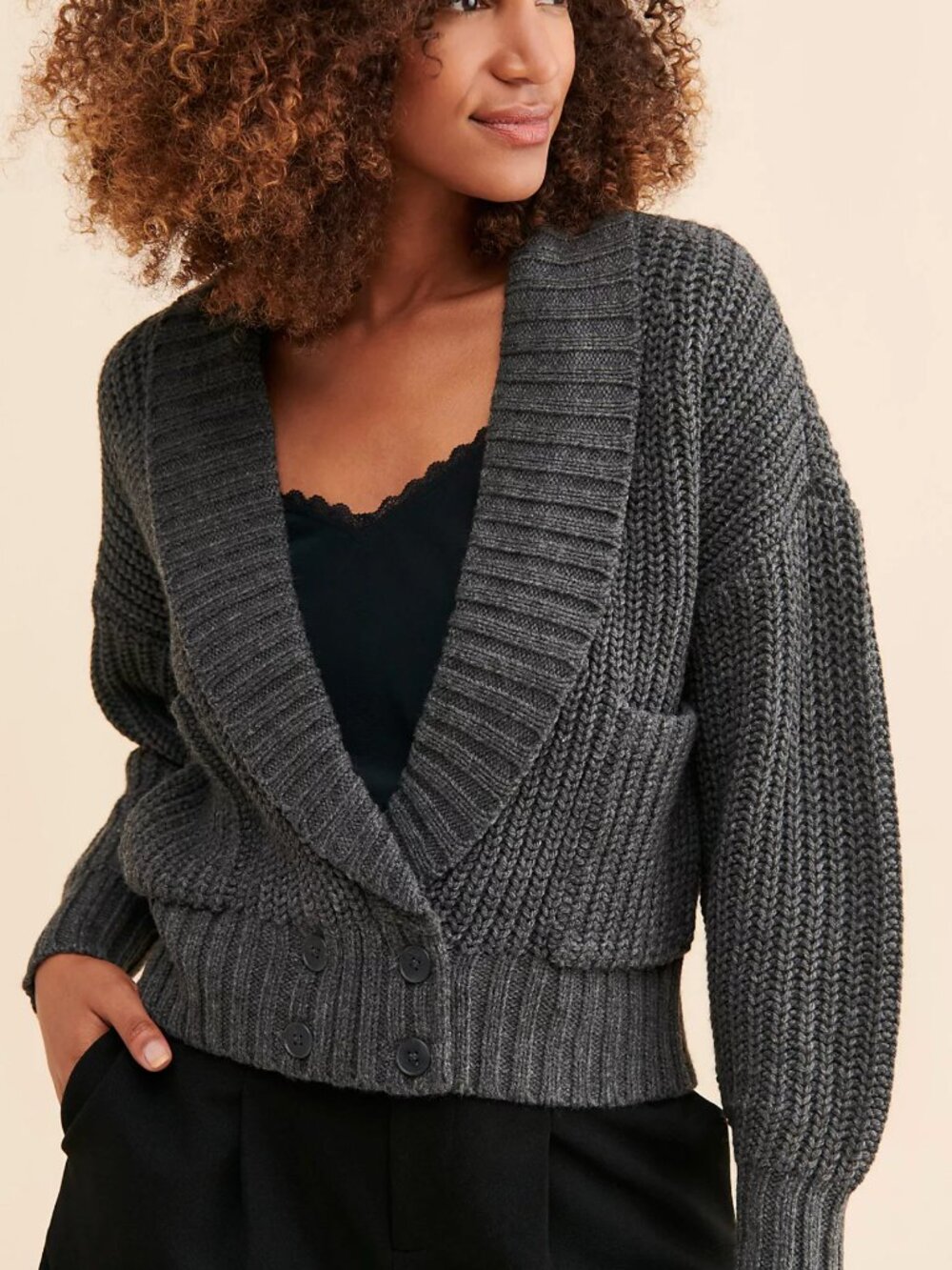 Anthropologie Deep V Dark Gray Shawl Knit Wool Blend Cardigan Pockets Size Small